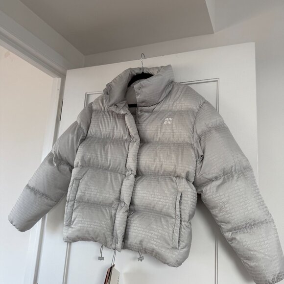 NWT Miu Miu Down Puffer Jacket Gray Nylon Sz 36 All-over Logo Drawstring - Picture 6 of 12